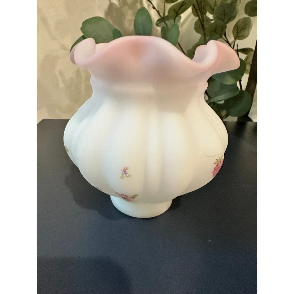 Vintage Fenton Opal Satin Floral & Berries Vase Hand Painted Signed CottageCore